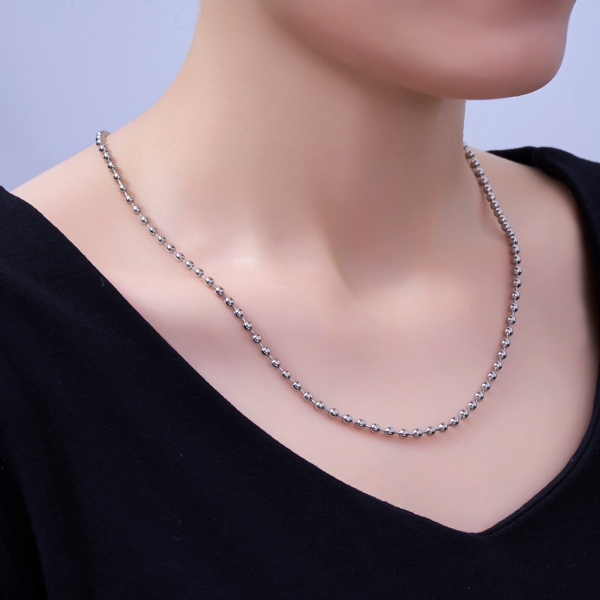 Rhodium Plated 3mm Ball Bead Bar 20 Inch Necklace | WA - 3050 - DLUXCA