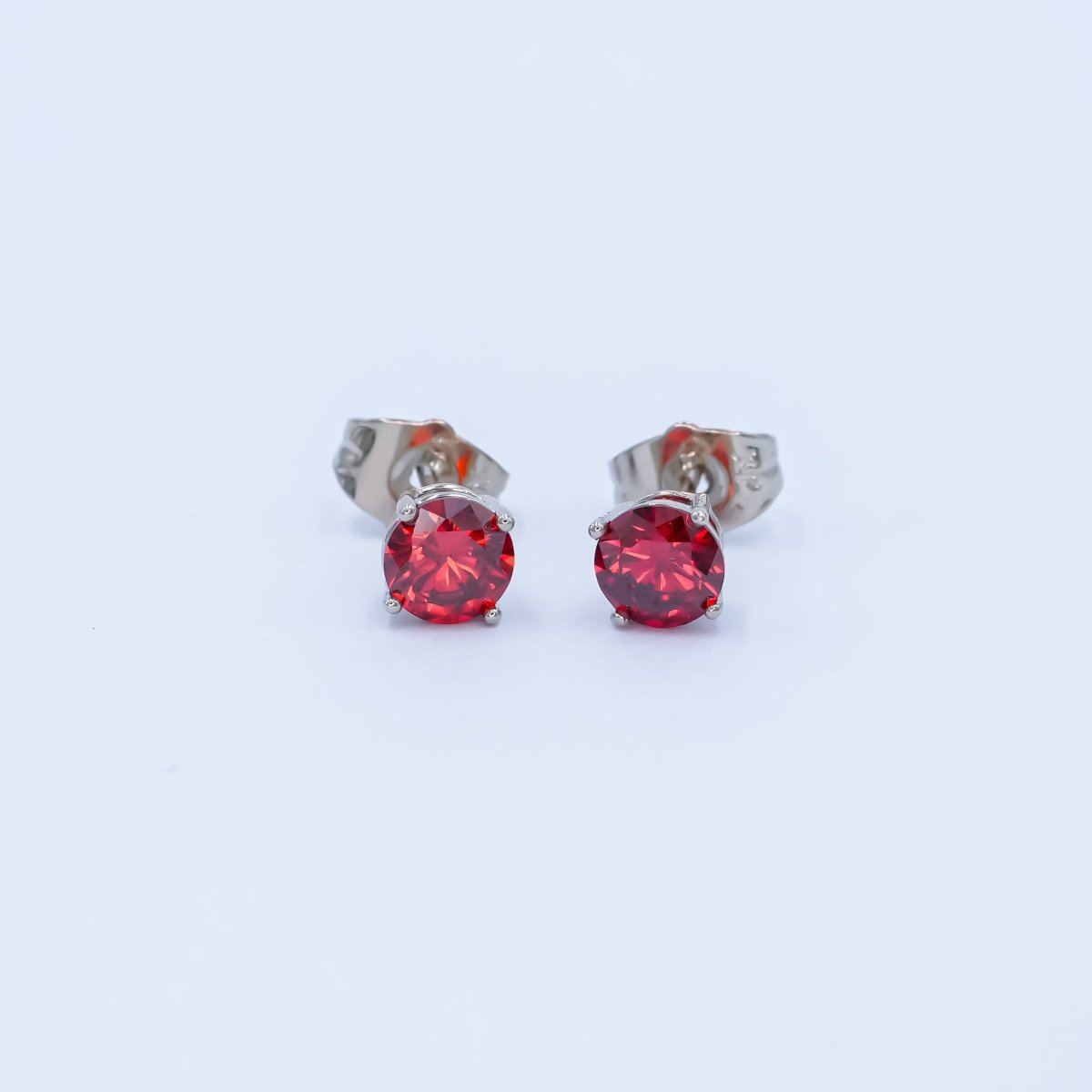 Rhodium Plated 6mm Red Round CZ Stud Earrings | AB1075 - DLUXCA