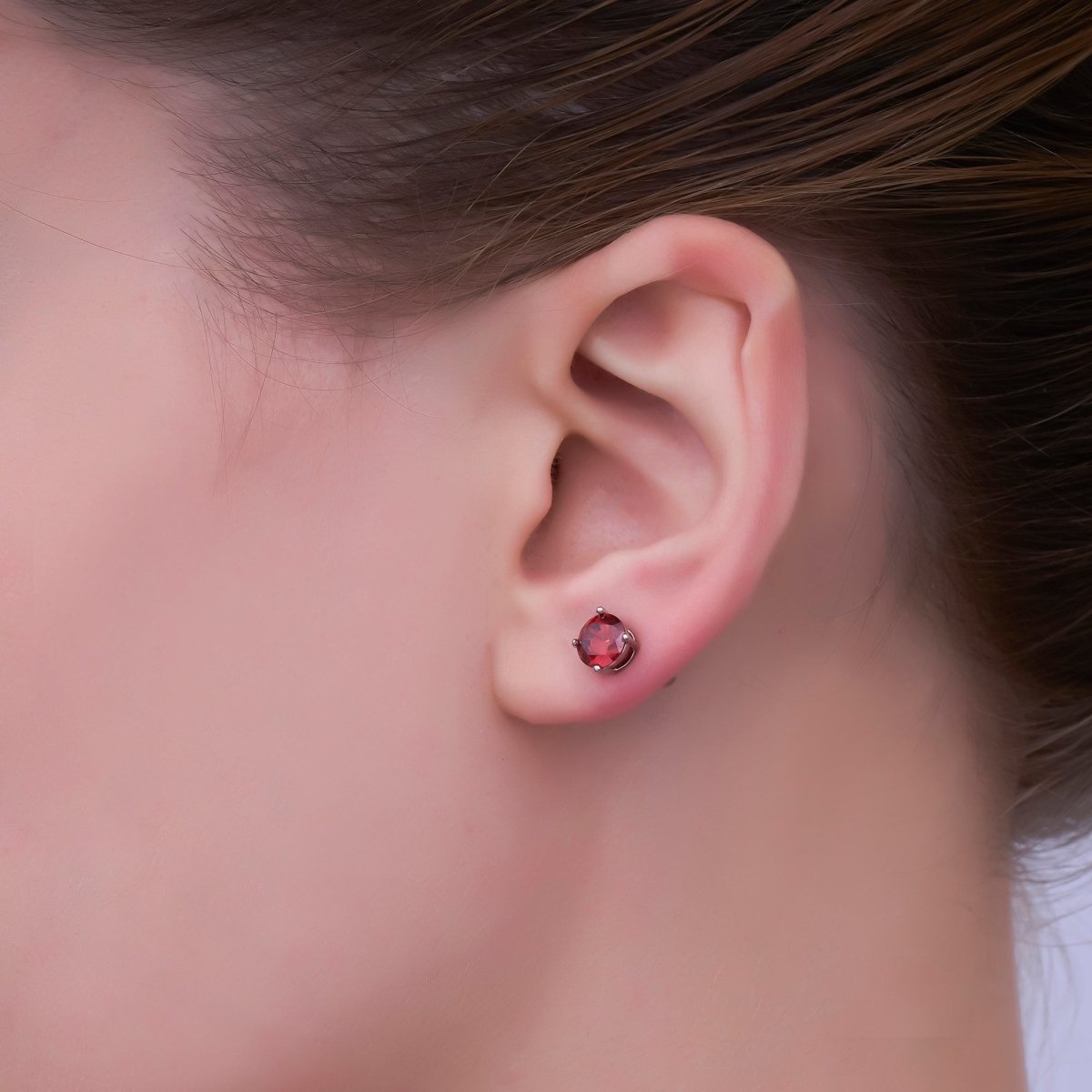 Rhodium Plated 6mm Red Round CZ Stud Earrings | AB1075 - DLUXCA