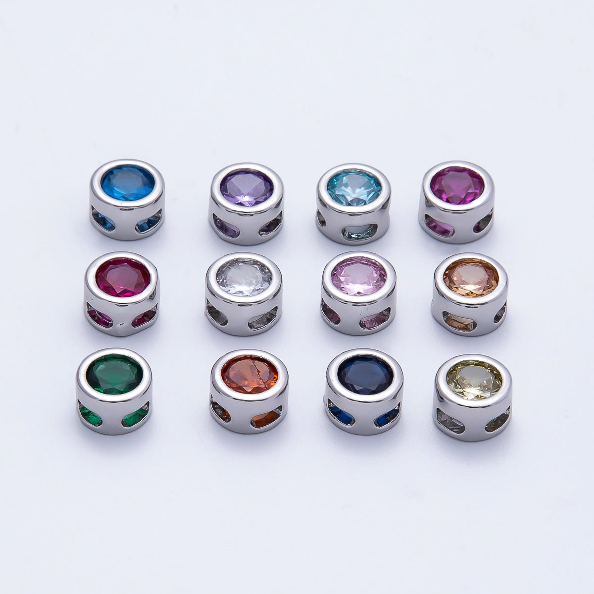 Rhodium Plated 8mm Bezel - Set Birthstone Rondelle Spacer Beads | Beads - 00290 ~ Beads - 00301 - DLUXCA