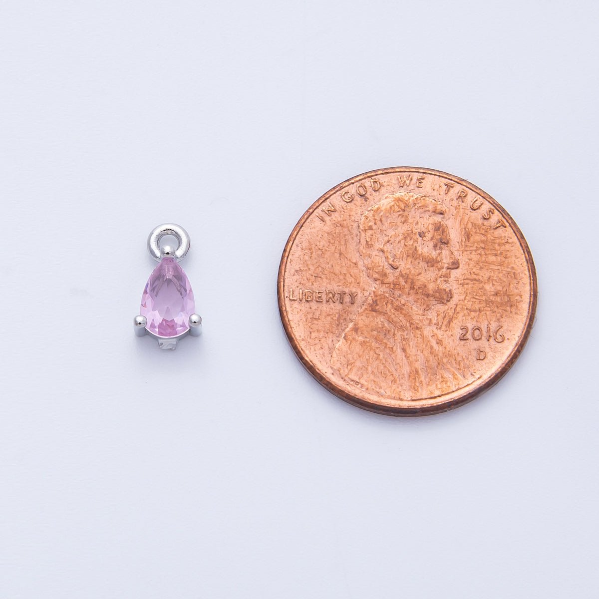 Rhodium Plated 9mm Pink CZ Teardrop Birthstone Mini Charm | Charms - 00409 - DLUXCA
