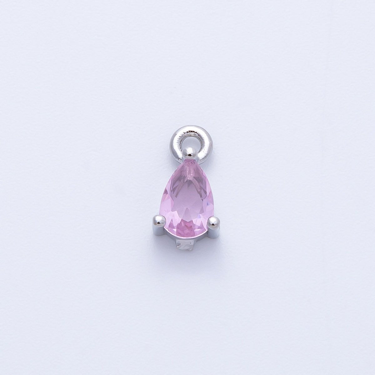 Rhodium Plated 9mm Pink CZ Teardrop Birthstone Mini Charm | Charms - 00409 - DLUXCA