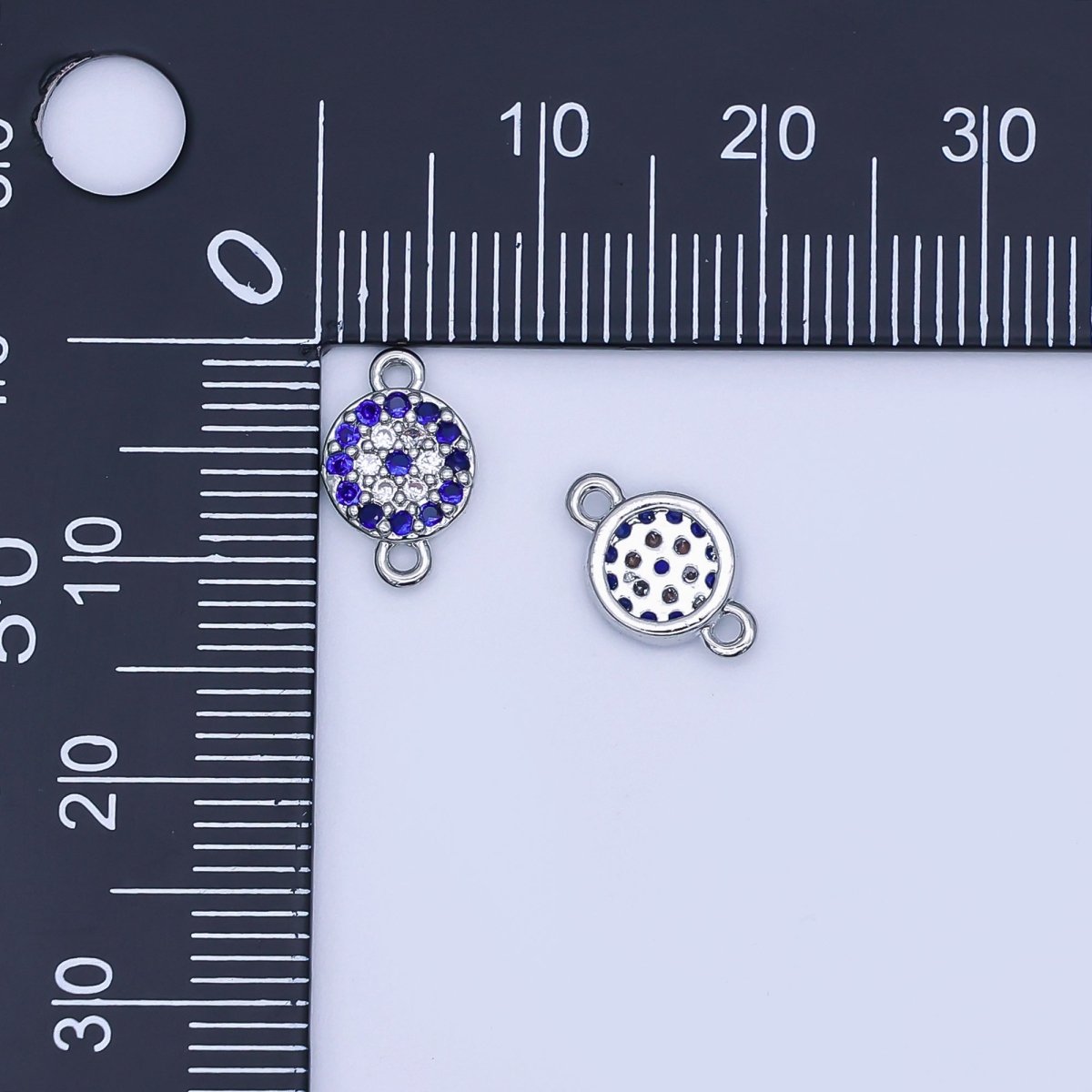 Rhodium Plated Blue Micro Paved CZ Evil Eye 7mm Round Mini Connector | Y029 - DLUXCA