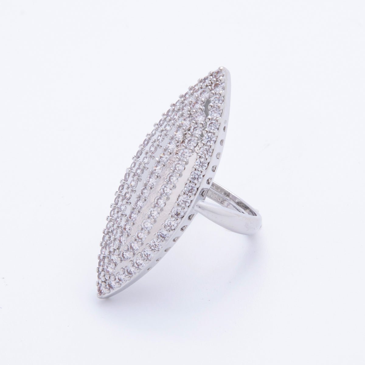 Rhodium Plated Micro Paved CZ Navette Solitaire Adjustable Ring | O288 - DLUXCA