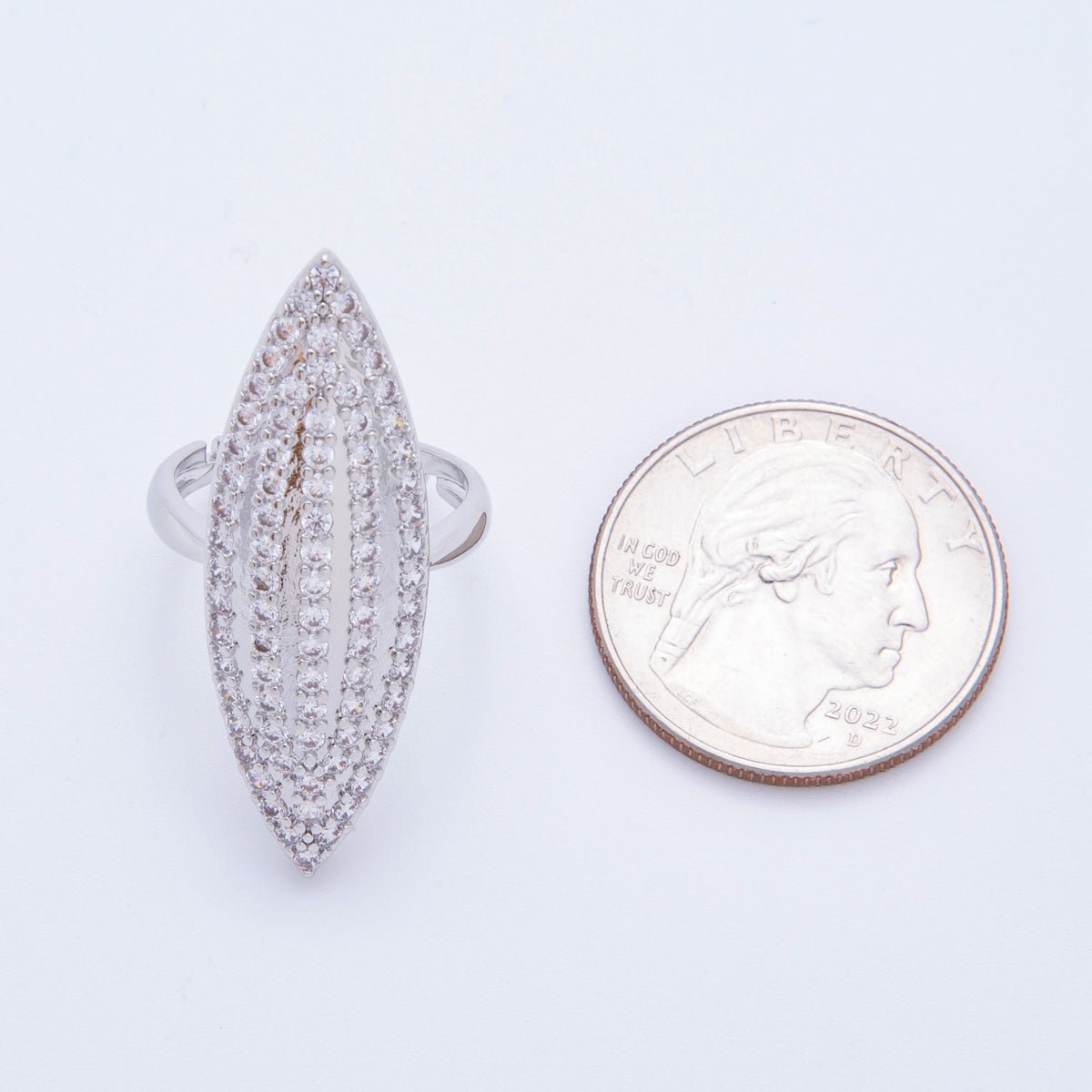 Rhodium Plated Micro Paved CZ Navette Solitaire Adjustable Ring | O288 - DLUXCA