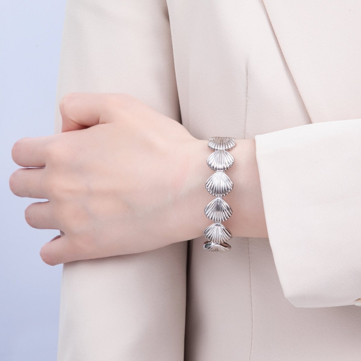 Rhodium Plated Wide Ribbed Minimalist Sea Clam Shell Cuff Bracelet | WA - 04267 - DLUXCA