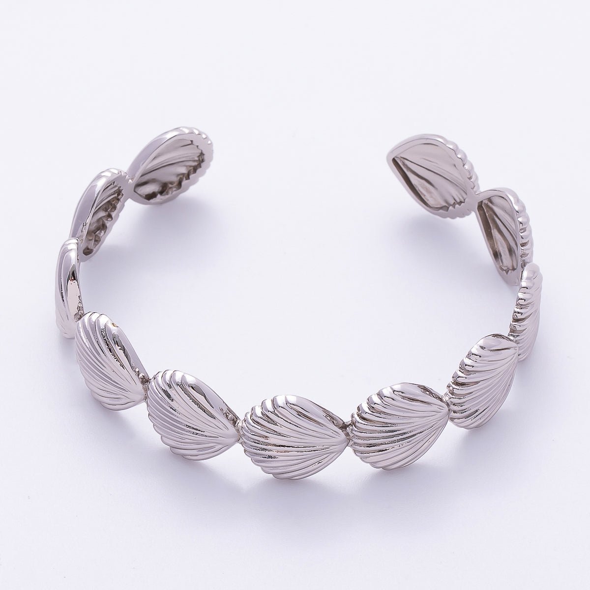 Rhodium Plated Wide Ribbed Minimalist Sea Clam Shell Cuff Bracelet | WA - 04267 - DLUXCA