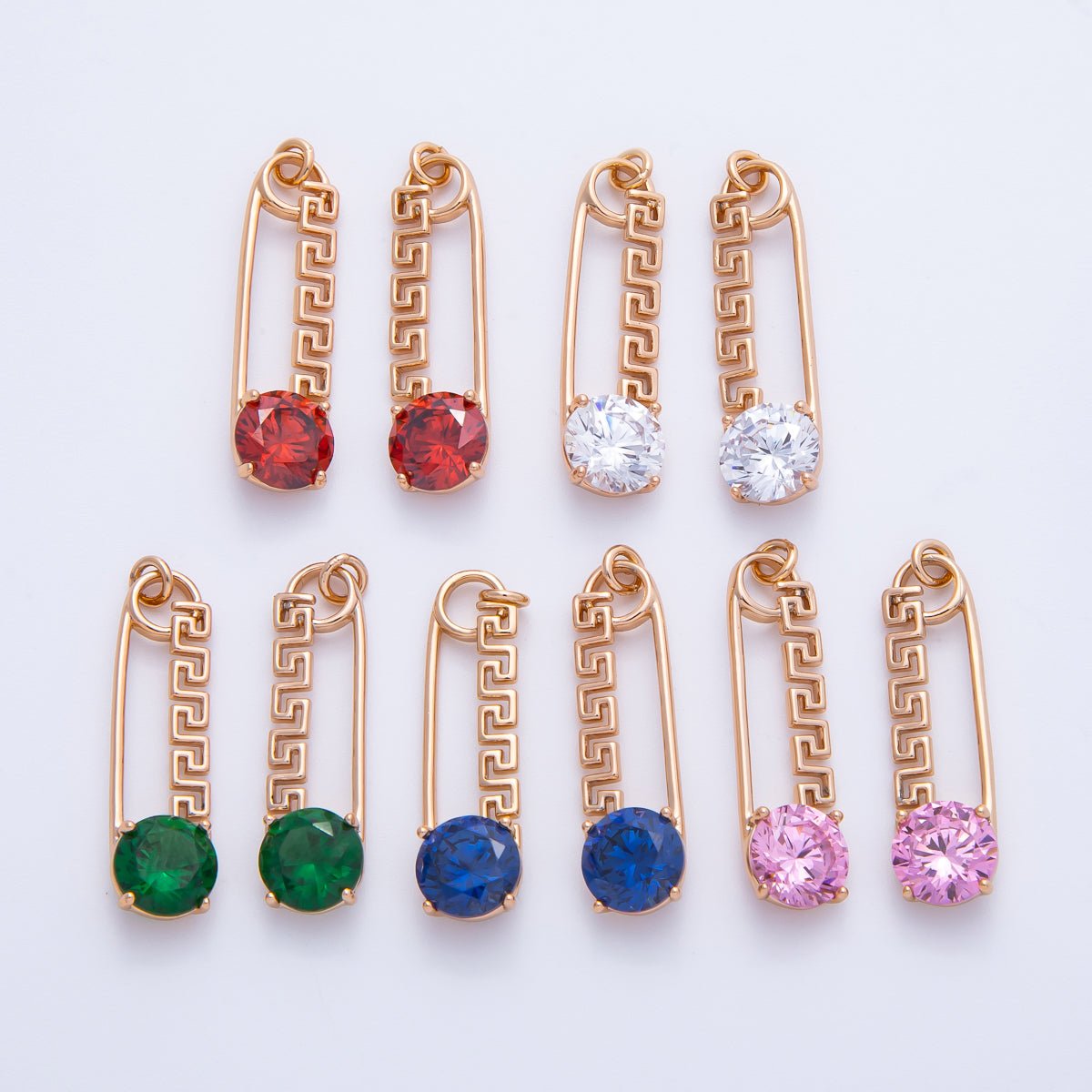 Rose Gold Red, Green, Blue, Pink, Clear CZ Geometric Safety Pin Charm | Charms - 00377 - Charms - 00386 - DLUXCA
