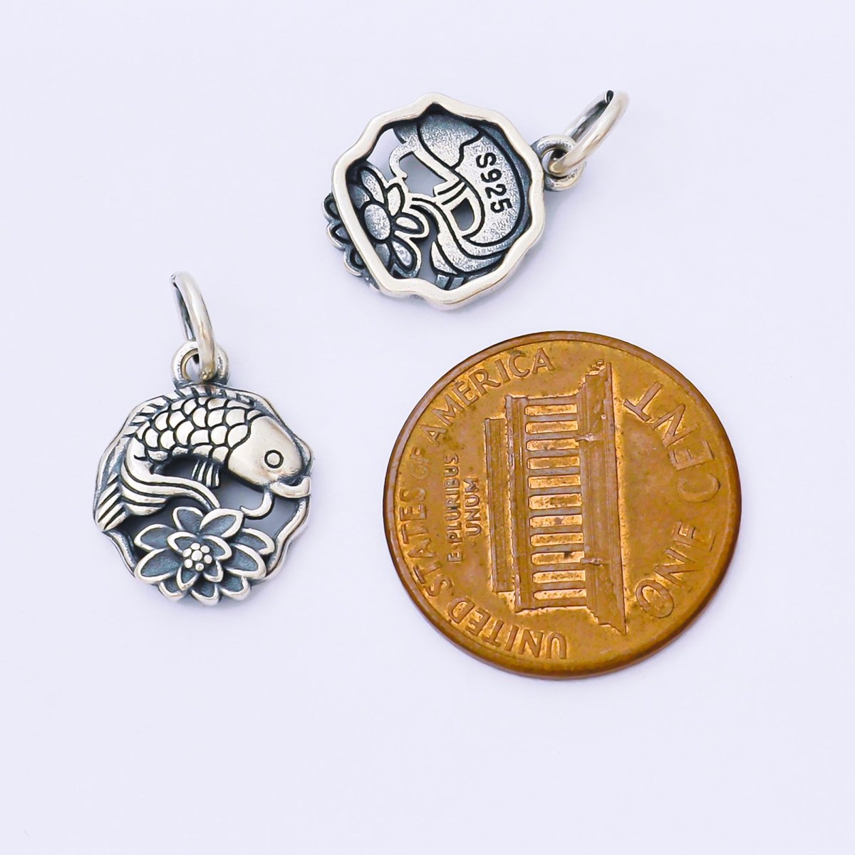 S925 Sterling Silver 15mm Lucky Lotus Flower Koi Fish Round Charm | SL - 692 - DLUXCA