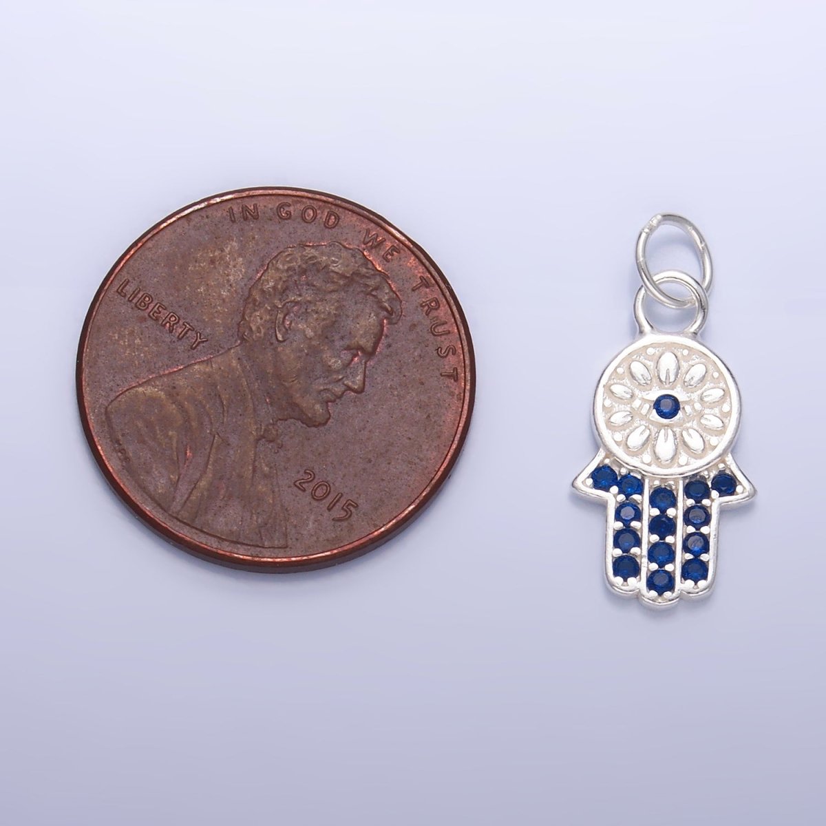 S925 Sterling Silver Blue Micro Paved CZ Hamsa Hand Charm | SL - 564 - DLUXCA