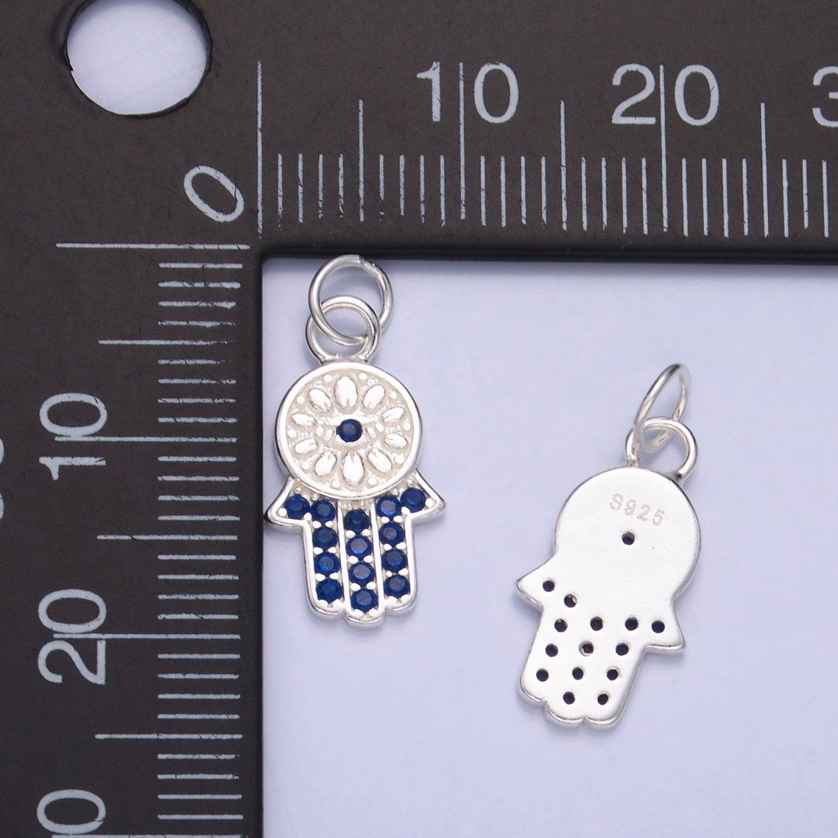 S925 Sterling Silver Blue Micro Paved CZ Hamsa Hand Charm | SL - 564 - DLUXCA