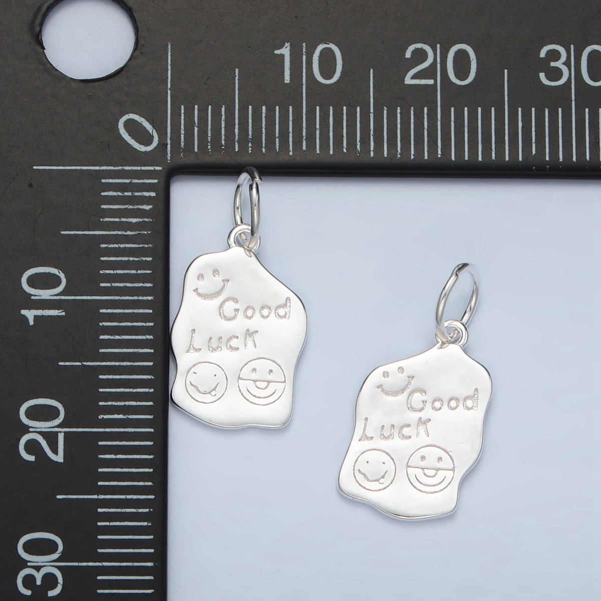 S925 Sterling Silver "Good Luck" Smiley Face Script Abstract Tag Charm | SL - 248 - DLUXCA