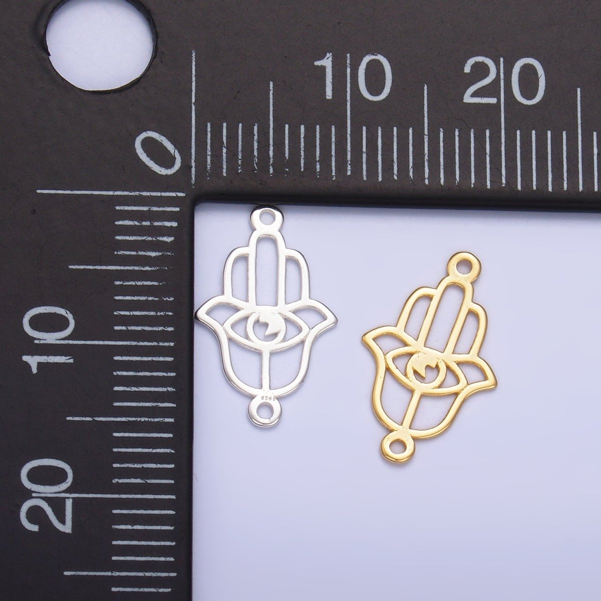 S925 Sterling Silver Open Evil Eye Hamsa Hand Connector in Gold & Silver | SL - 620 - DLUXCA