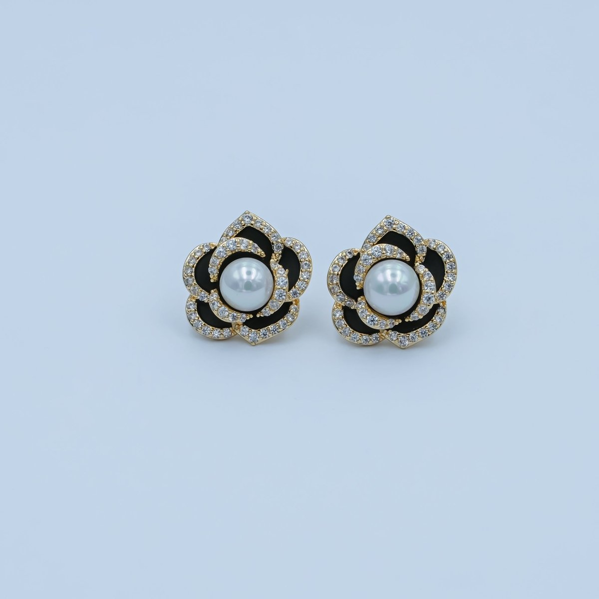 Shell Pearl Micro Paved CZ Black Flower Stud Earrings in Gold & Silver | AD1361 AD1443 - DLUXCA