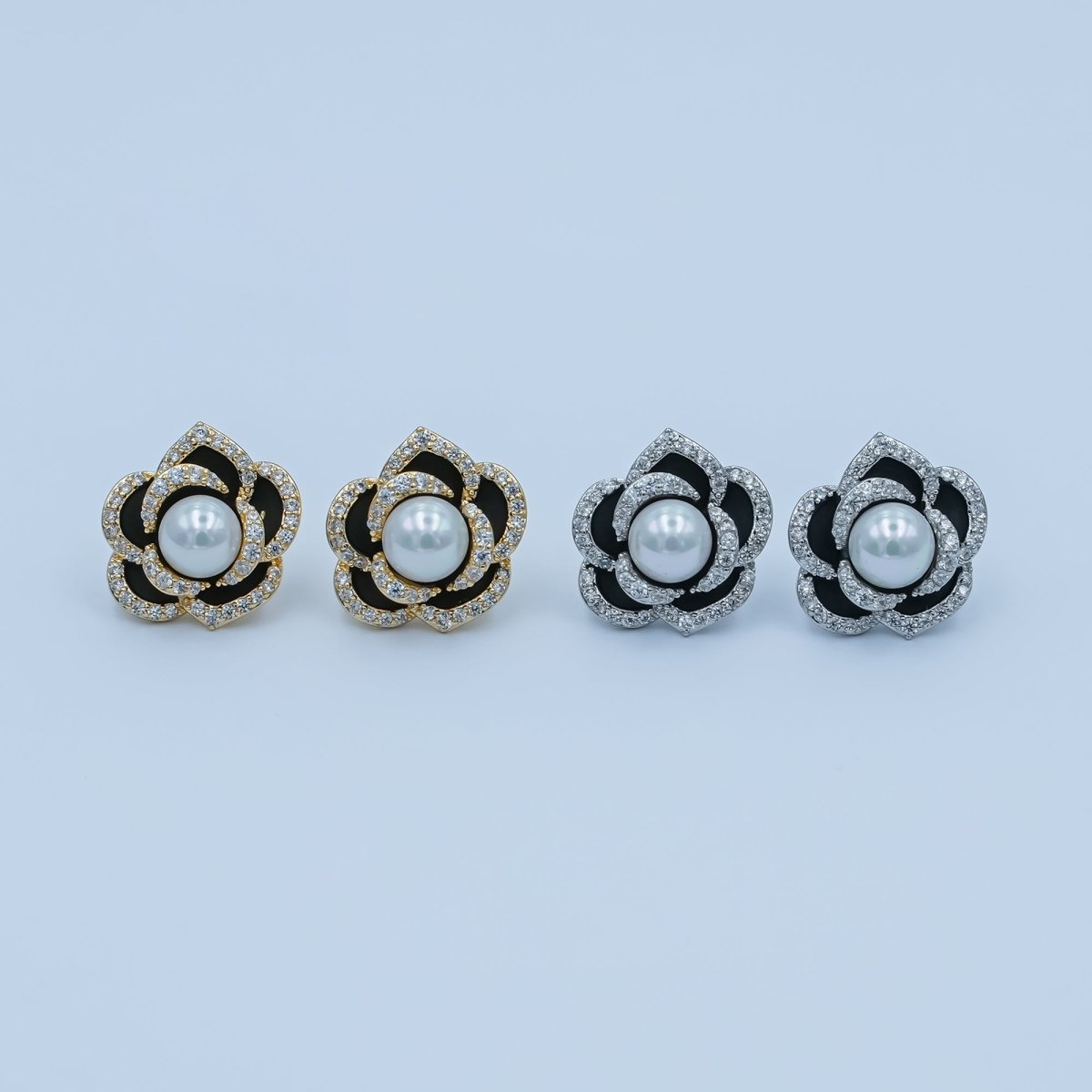 Shell Pearl Micro Paved CZ Black Flower Stud Earrings in Gold & Silver | AD1361 AD1443 - DLUXCA
