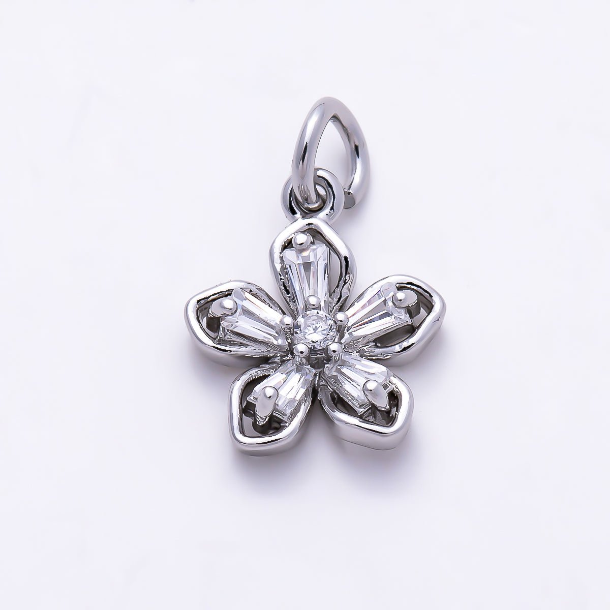 Silver 10mm Clear CZ Baguette Petal Flower Mini Charm | Charms-01523 - DLUXCA