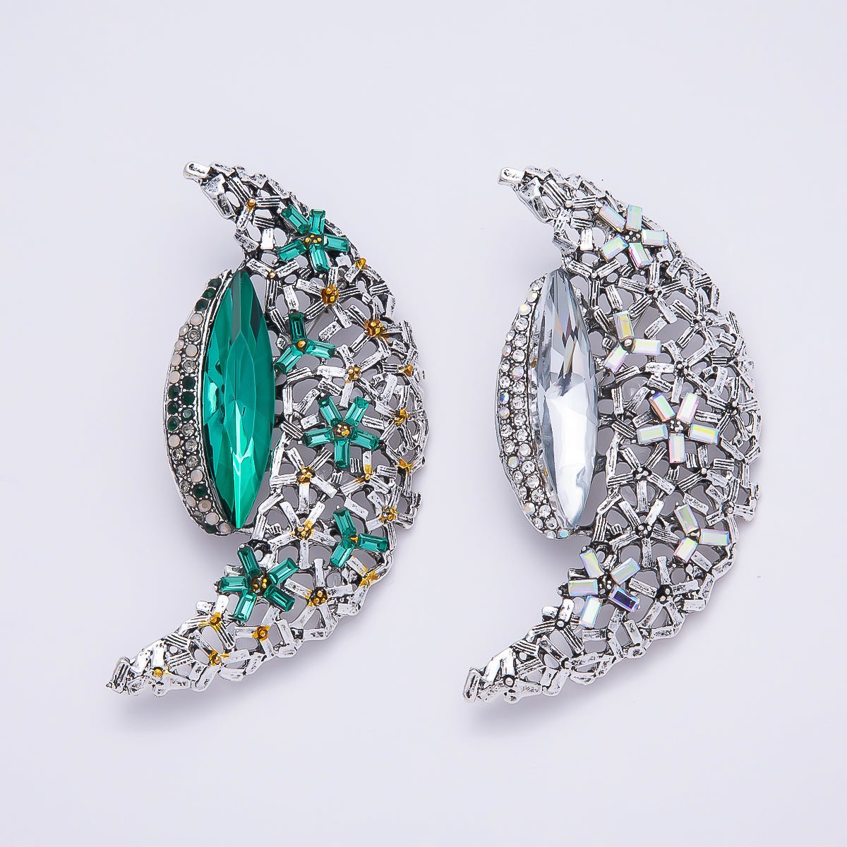 Silver 130mm x 37mm Green, Clear Rhinestone Flower Crescent Moon Pin Brooch | BH - 128 BH - 129 - DLUXCA