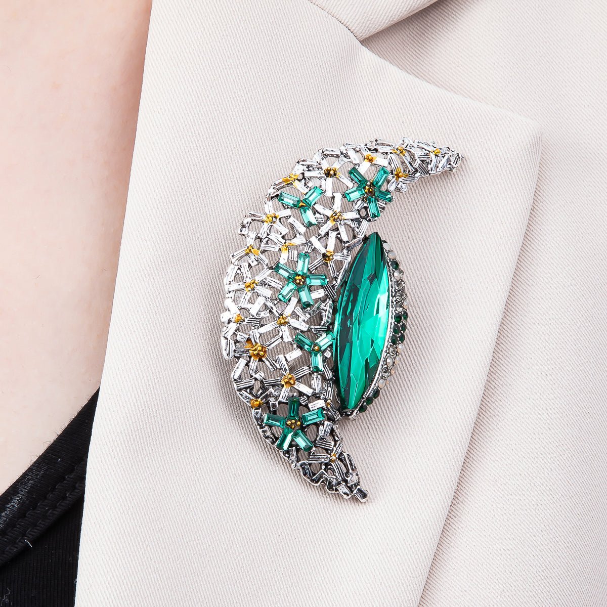 Silver 130mm x 37mm Green, Clear Rhinestone Flower Crescent Moon Pin Brooch | BH - 128 BH - 129 - DLUXCA