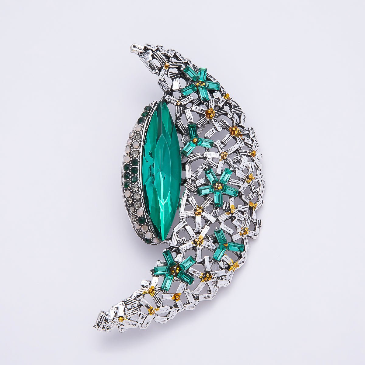 Silver 130mm x 37mm Green, Clear Rhinestone Flower Crescent Moon Pin Brooch | BH - 128 BH - 129 - DLUXCA