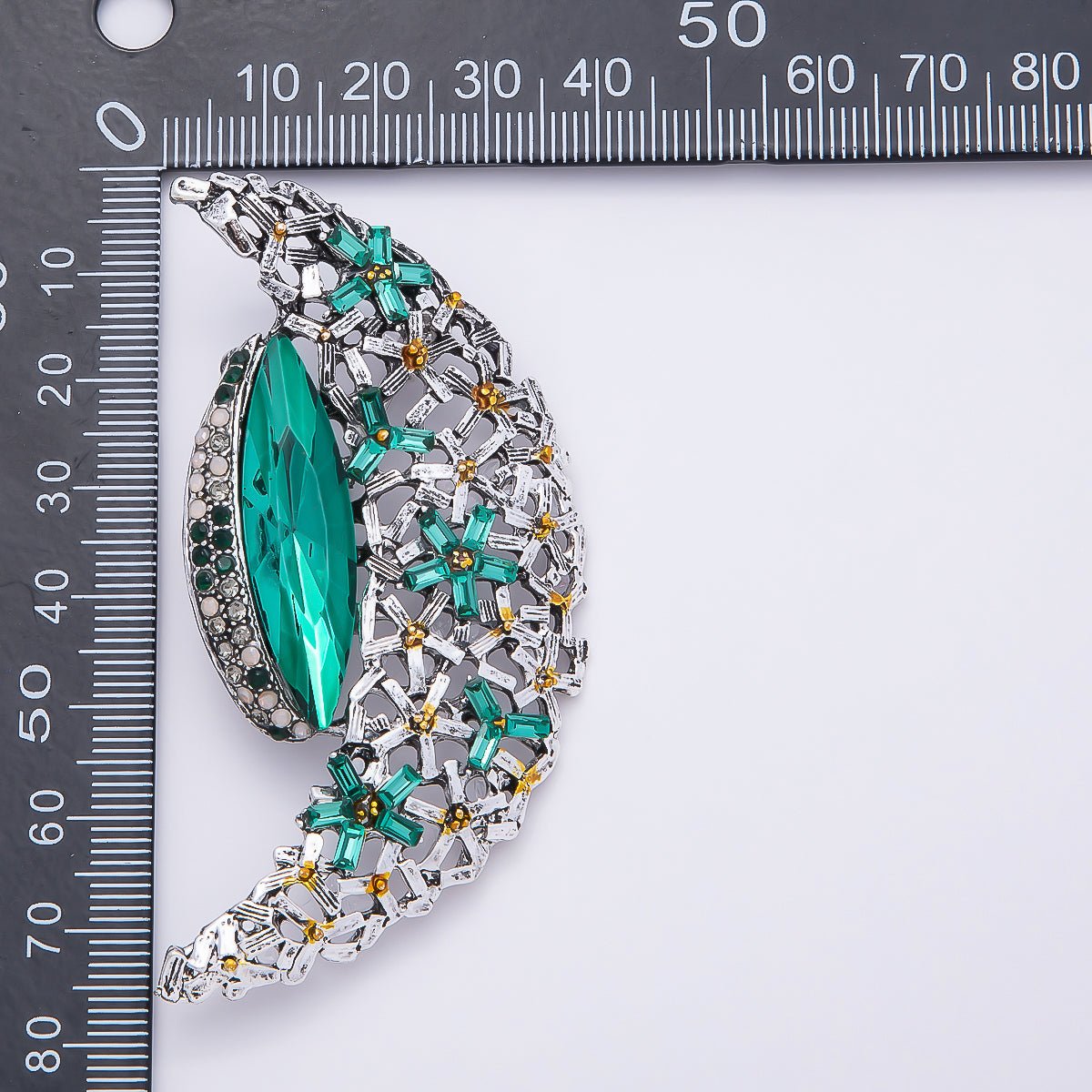 Silver 130mm x 37mm Green, Clear Rhinestone Flower Crescent Moon Pin Brooch | BH - 128 BH - 129 - DLUXCA