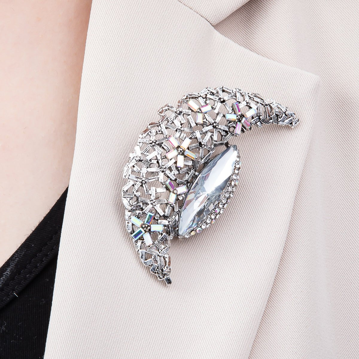 Silver 130mm x 37mm Green, Clear Rhinestone Flower Crescent Moon Pin Brooch | BH - 128 BH - 129 - DLUXCA