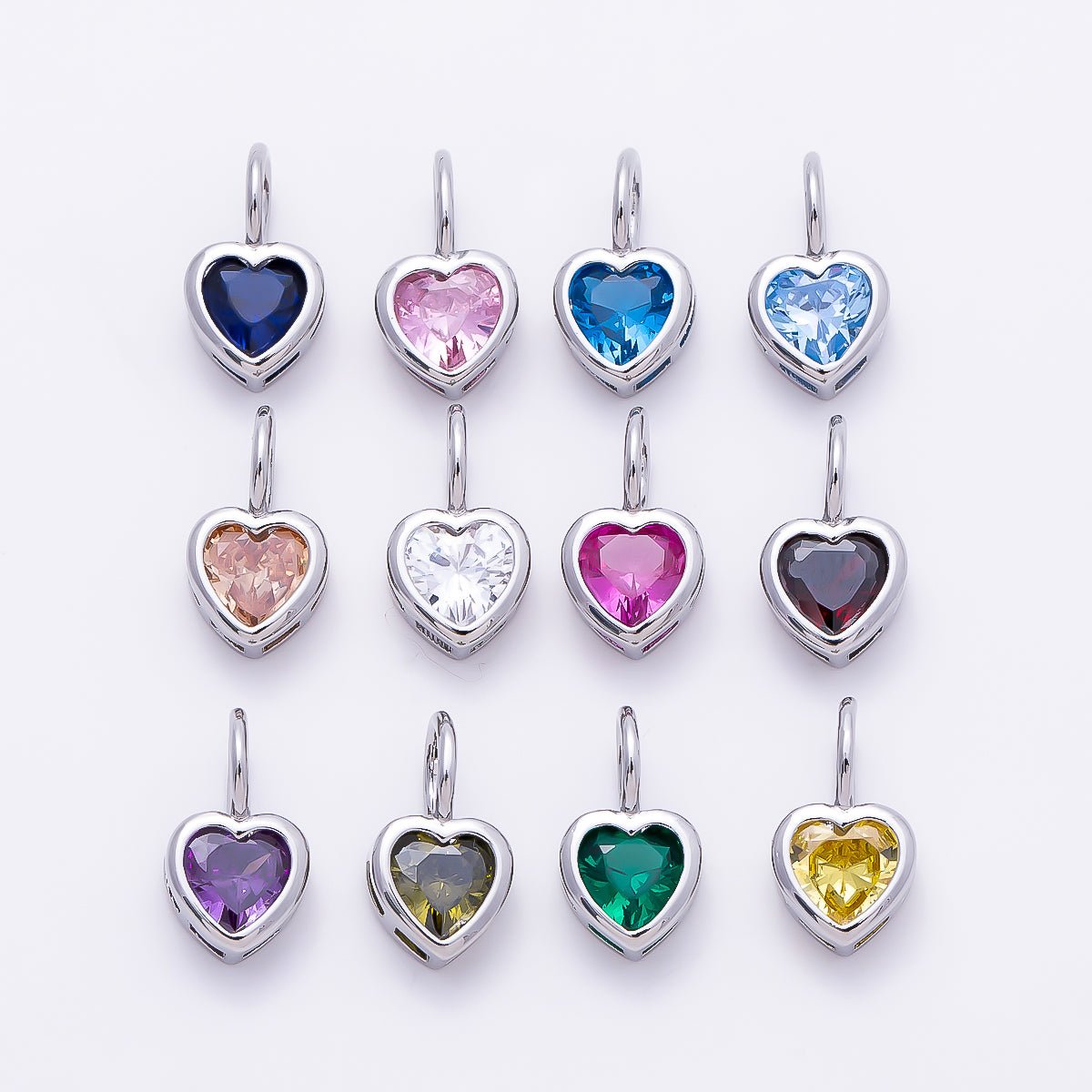 Silver 14mm Birthstone CZ Bezel Heart Collar Chain Pendant | Charms-01299 ~ Charms-01310 - DLUXCA
