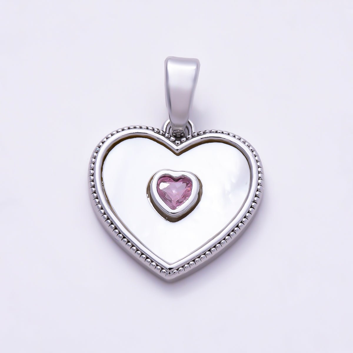Silver 14mm Pink CZ Shell Pearl Ribbed Bezel Heart Pendant | Charms-01517 - DLUXCA