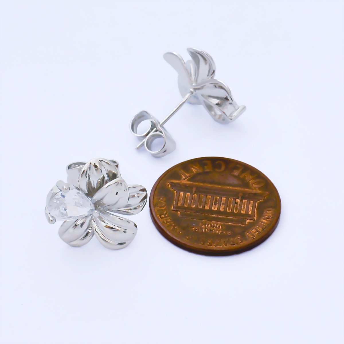 Silver 14mm Teardrop CZ Blooming Flower Floral Studs Earrings | AB1608 - DLUXCA