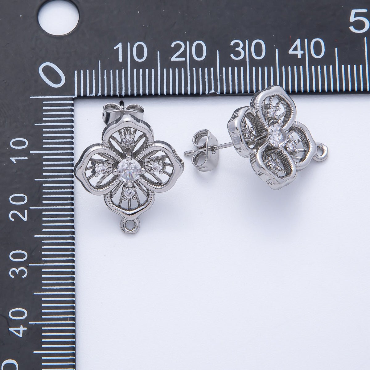 Silver 21mm Clear CZ Open Clover Flower Stud Earrings Findings Supply | Z1667 - DLUXCA