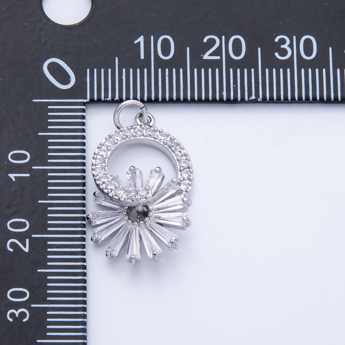 Silver 23mm Clear Baguette Micro Paved CZ Flower Open Round Charm | Charms - 00367 - DLUXCA