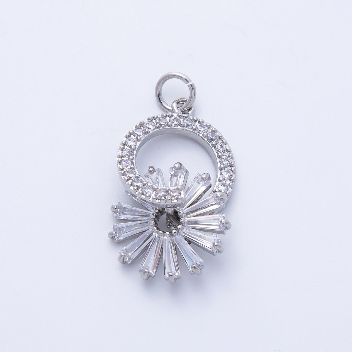 Silver 23mm Clear Baguette Micro Paved CZ Flower Open Round Charm | Charms - 00367 - DLUXCA
