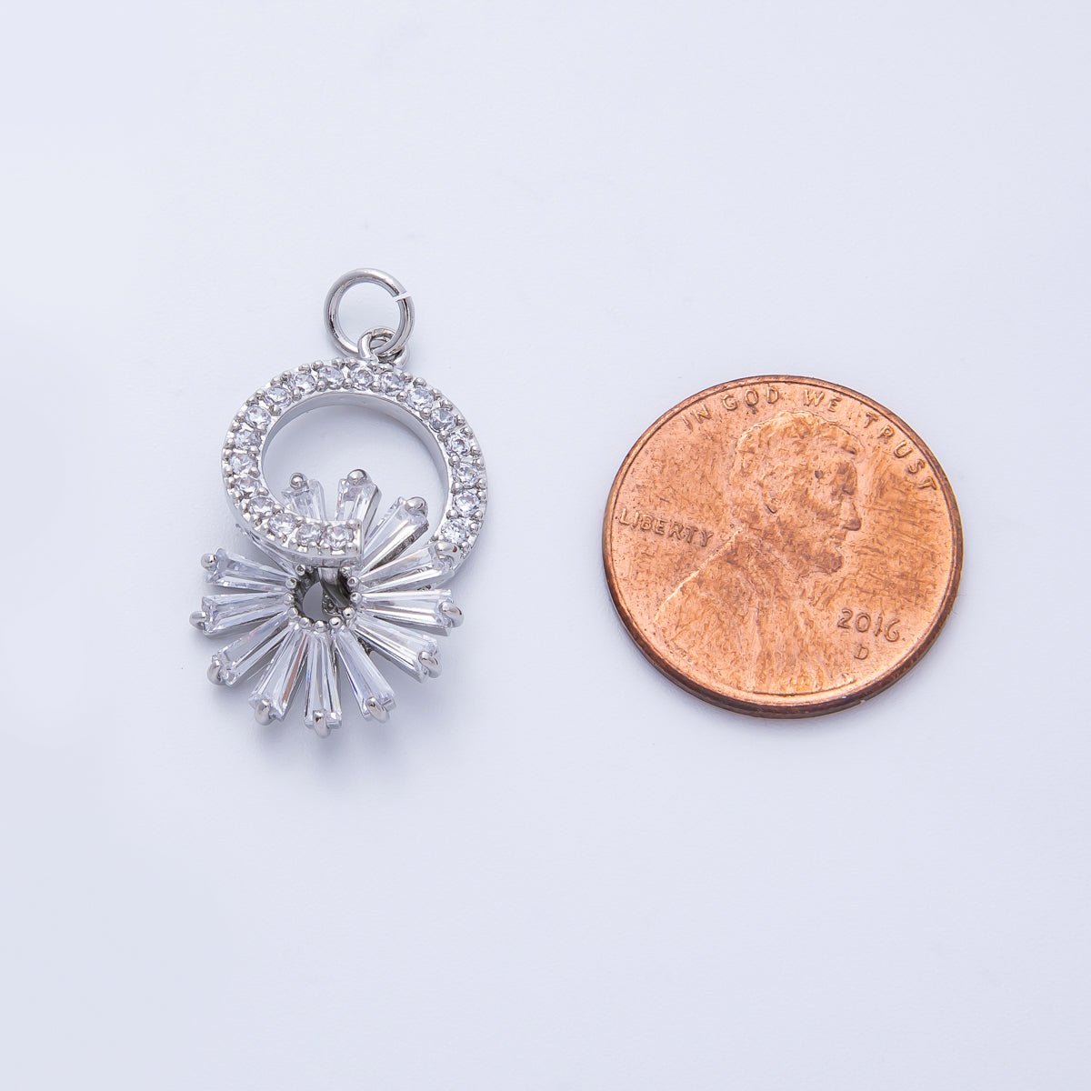 Silver 23mm Clear Baguette Micro Paved CZ Flower Open Round Charm | Charms - 00367 - DLUXCA