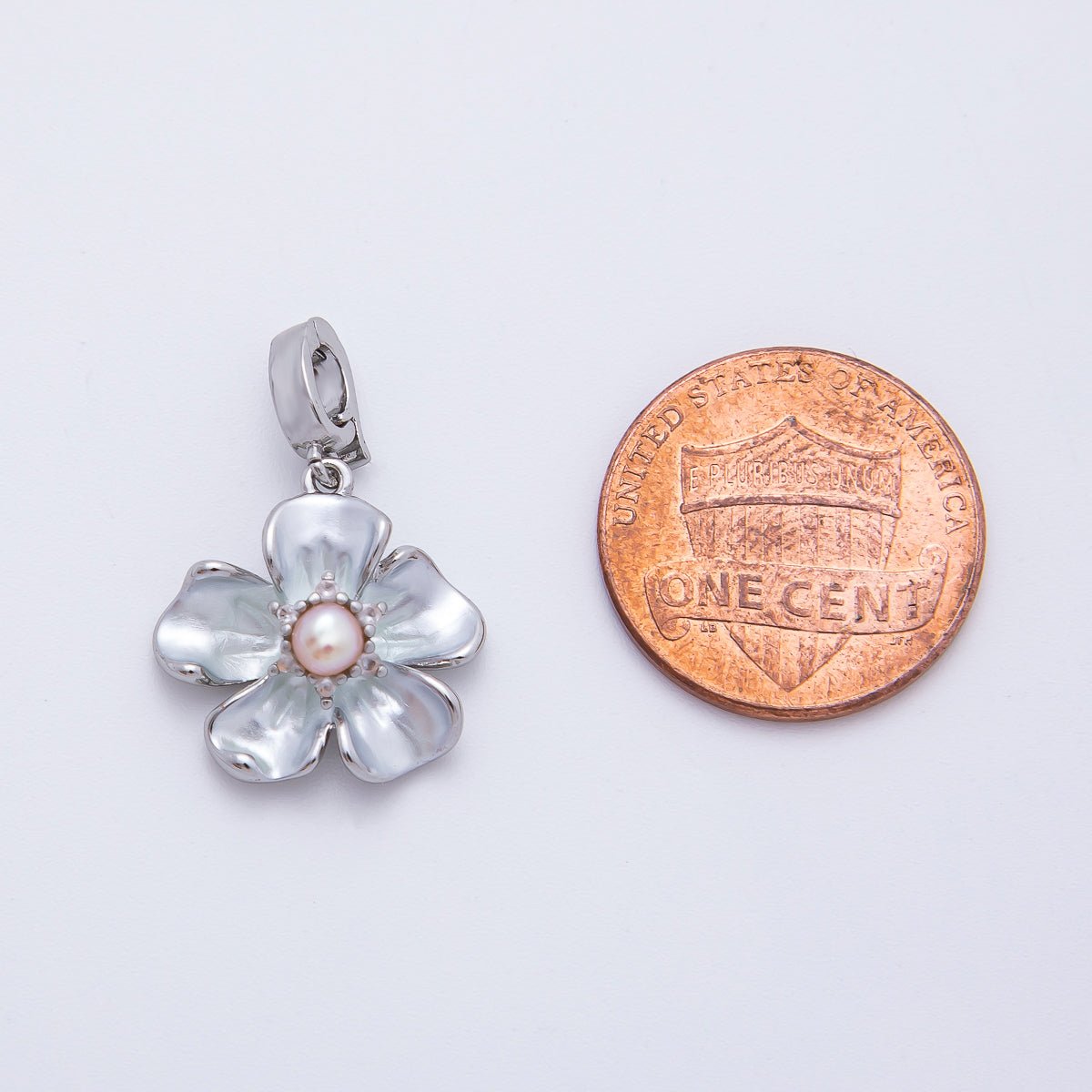 Silver 23mm Shell Pearl Hibiscus Flower Snap Latch Drop Charm | AF1142 - DLUXCA
