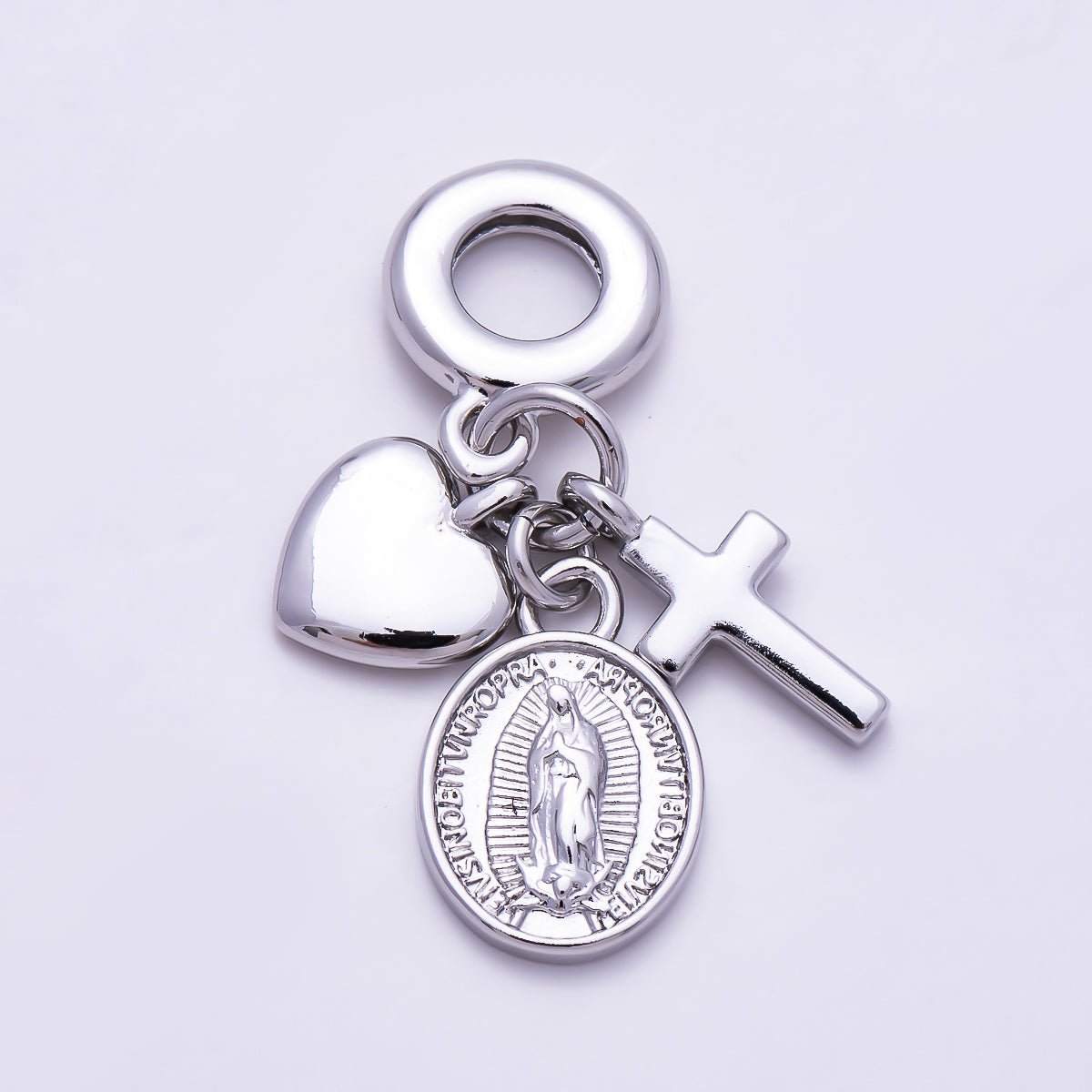 Silver 32mm Religious Heart Cross Mother Mary Sunburst Latin Prayer Drop Rondelle Pendant | Charms-01978 - DLUXCA