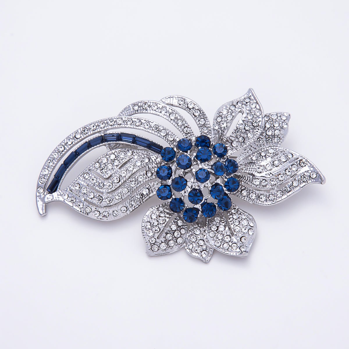 Silver 75mm Blue Clear Rhinestone Curved Geometric Flower Pin Brooch | BH-00193 - DLUXCA