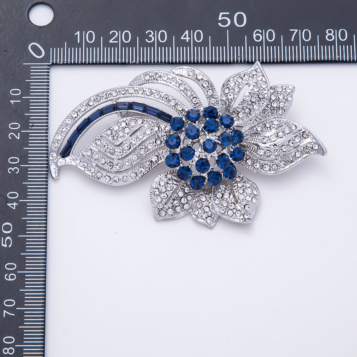 Silver 75mm Blue Clear Rhinestone Curved Geometric Flower Pin Brooch | BH-00193 - DLUXCA