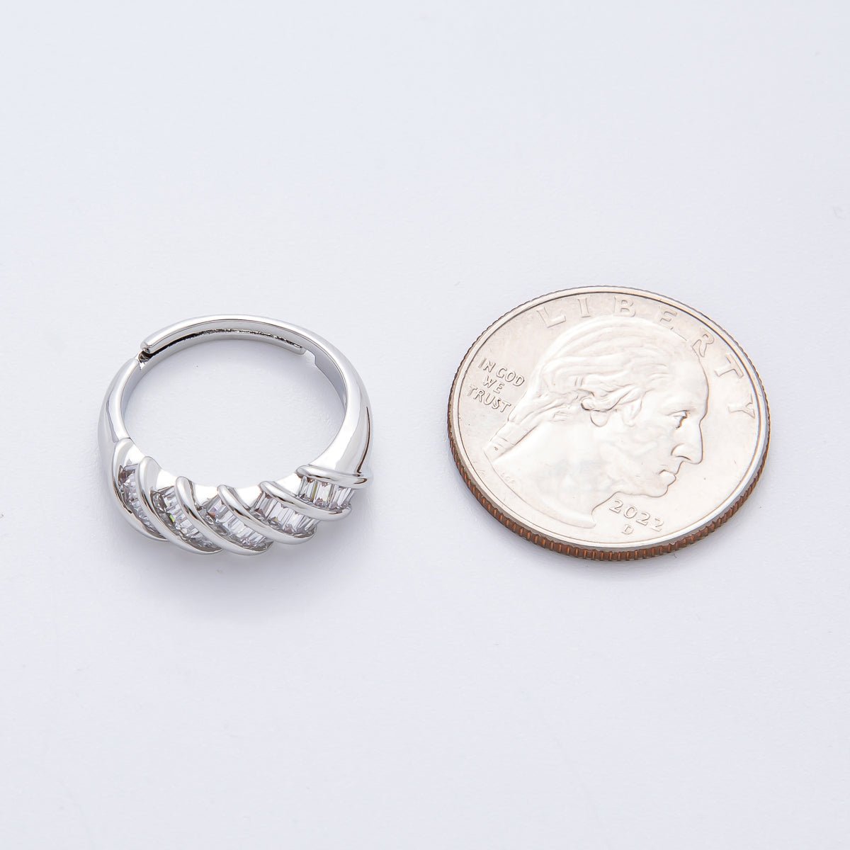Silver Clear Baguette CZ Croissant Adjustable Round Ring | O489 - DLUXCA