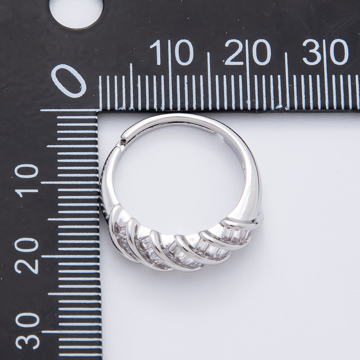 Silver Clear Baguette CZ Croissant Adjustable Round Ring | O489 - DLUXCA