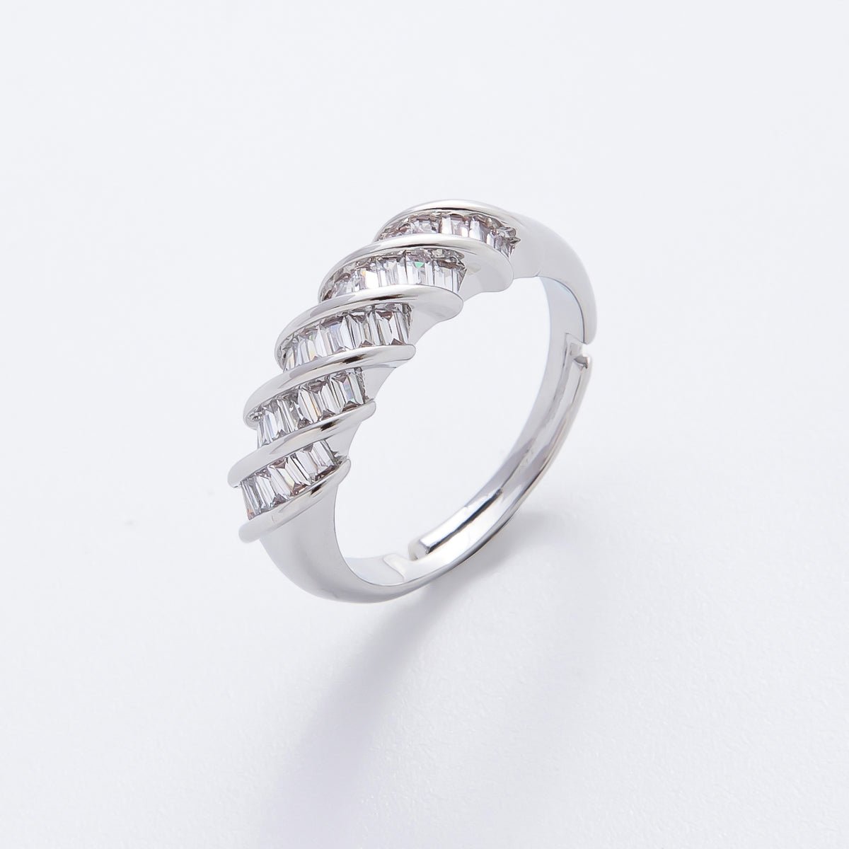 Silver Clear Baguette CZ Croissant Adjustable Round Ring | O489 - DLUXCA