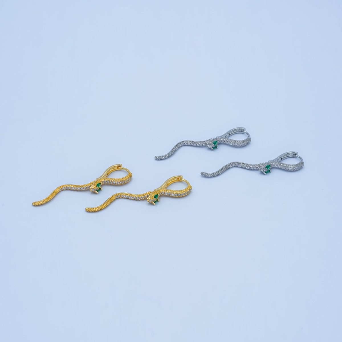 Snake Dangle Earrings with Green Eyes – Gold & Silver CZ Paved Serpent Earrings AB - 601 - DLUXCA