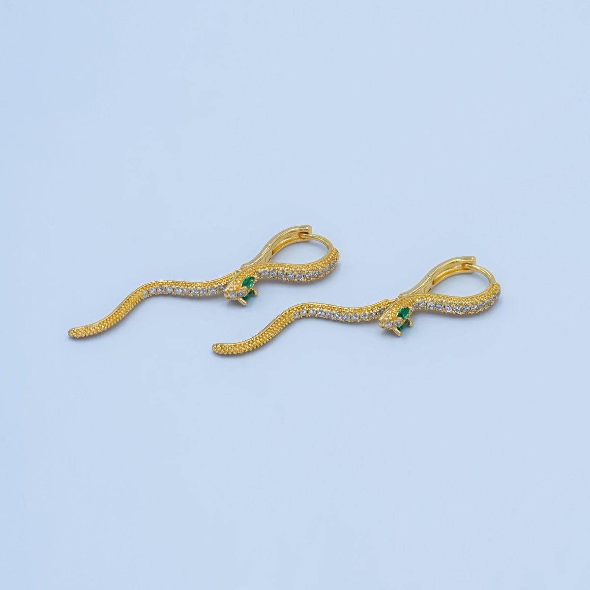 Snake Dangle Earrings with Green Eyes – Gold & Silver CZ Paved Serpent Earrings AB - 601 - DLUXCA