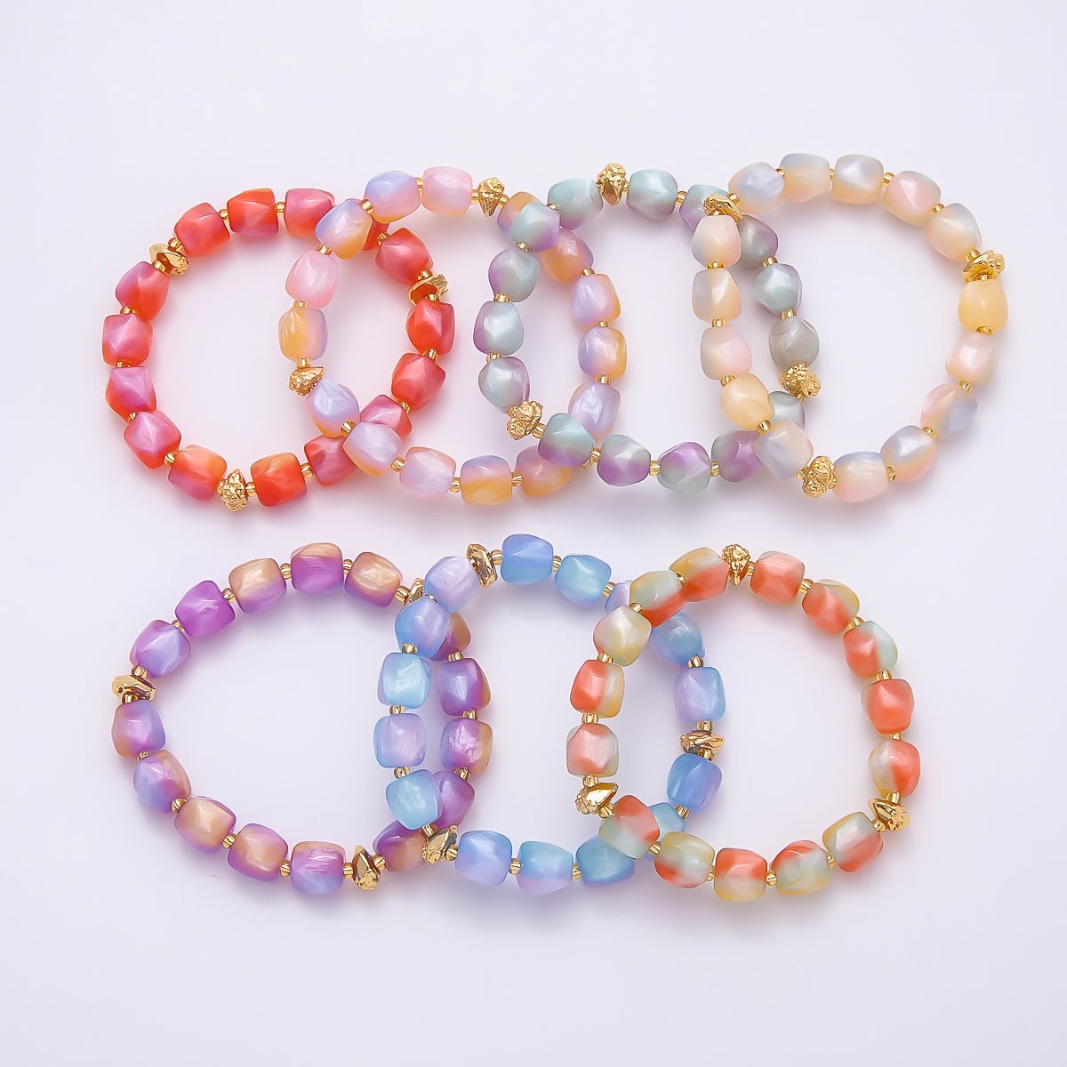 Stainless Steel 10mm Geometric Resin Bead 7 Inch Stretch Bracelet | WA-04516 ~ WA-04522 - DLUXCA