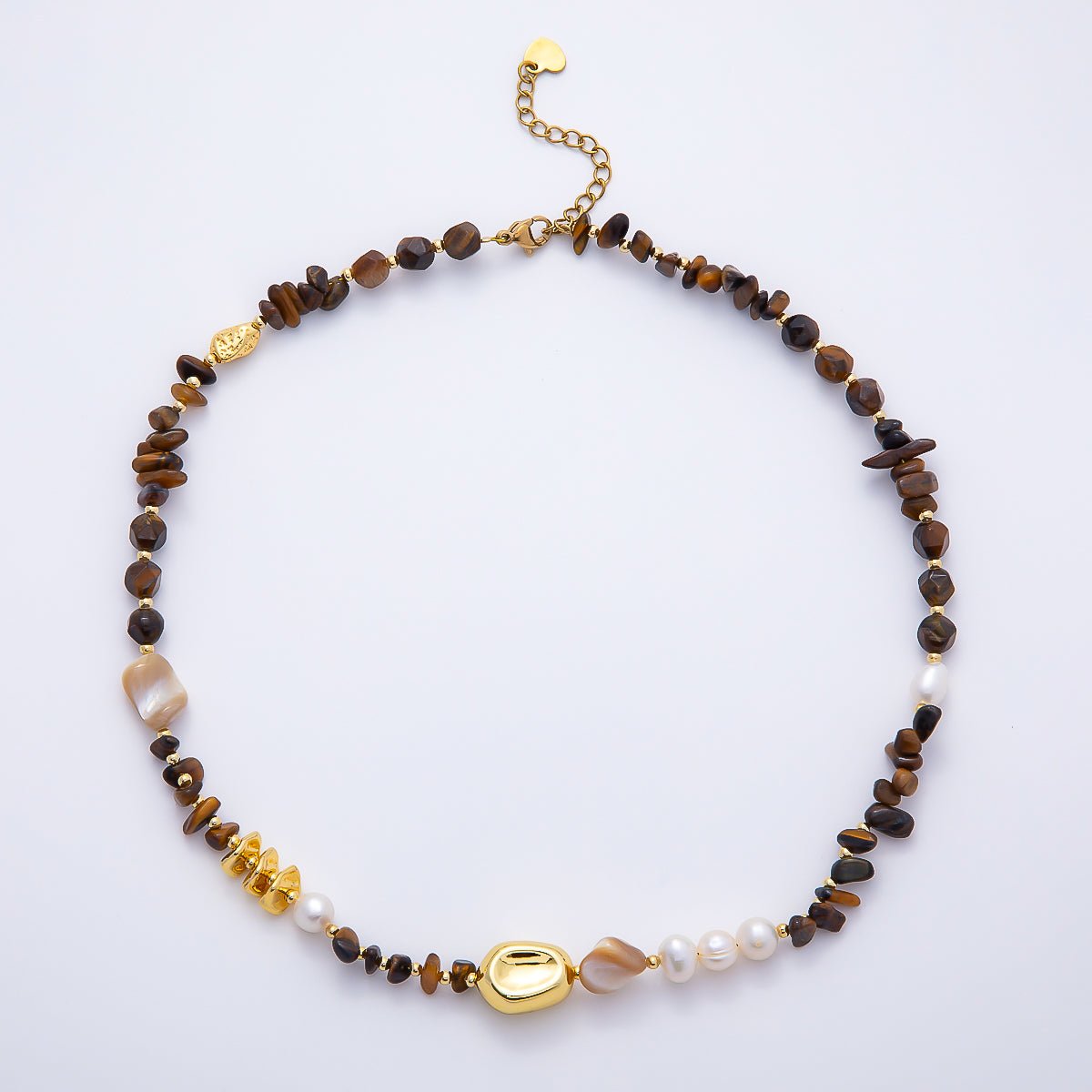 Stainless Steel 10mm White Shell Pearl Tiger Eye Biwa Pebble Multifaceted Gemstone Chain 16 Inch Necklace | WA-04726 - DLUXCA
