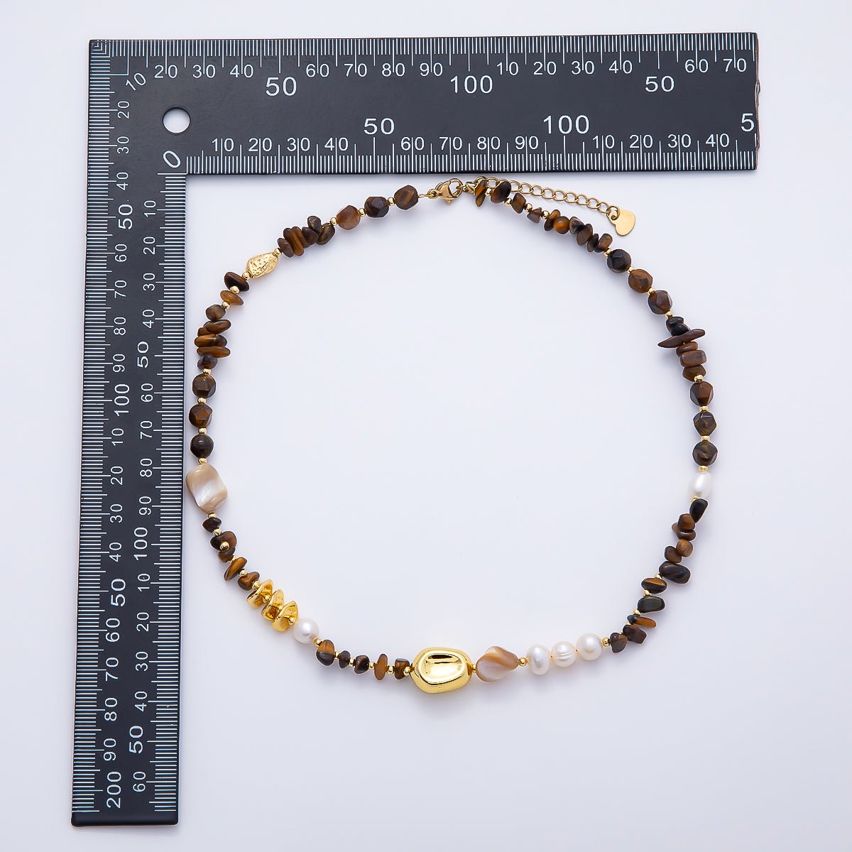 Stainless Steel 10mm White Shell Pearl Tiger Eye Biwa Pebble Multifaceted Gemstone Chain 16 Inch Necklace | WA-04726 - DLUXCA