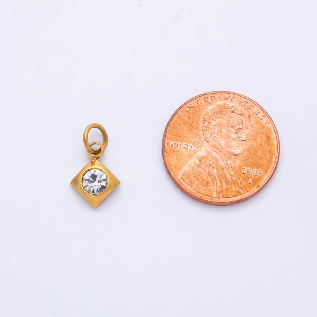 Stainless Steel 14.5mm Round CZ Bezel Cut Rhombus - Shaped Charm | AH - 902 - DLUXCA