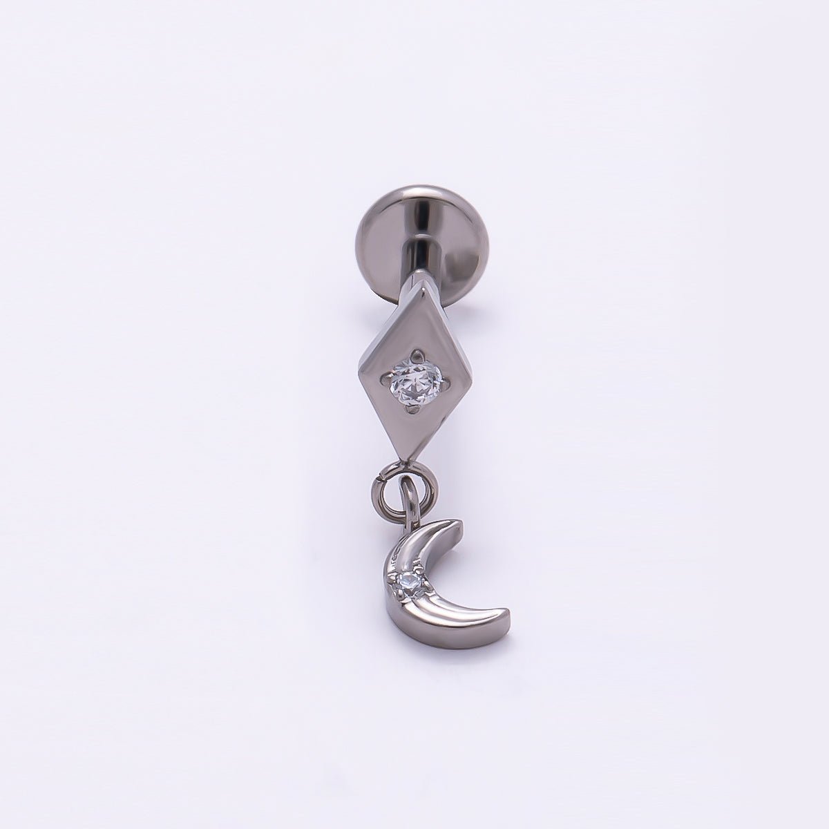 Stainless Steel 14mm CZ Crescent Moon Rhombus Drop Single Cartilage Piercing Flat Back Stud in Gold & Silver | Findings-00242 Findings-00243 - DLUXCA
