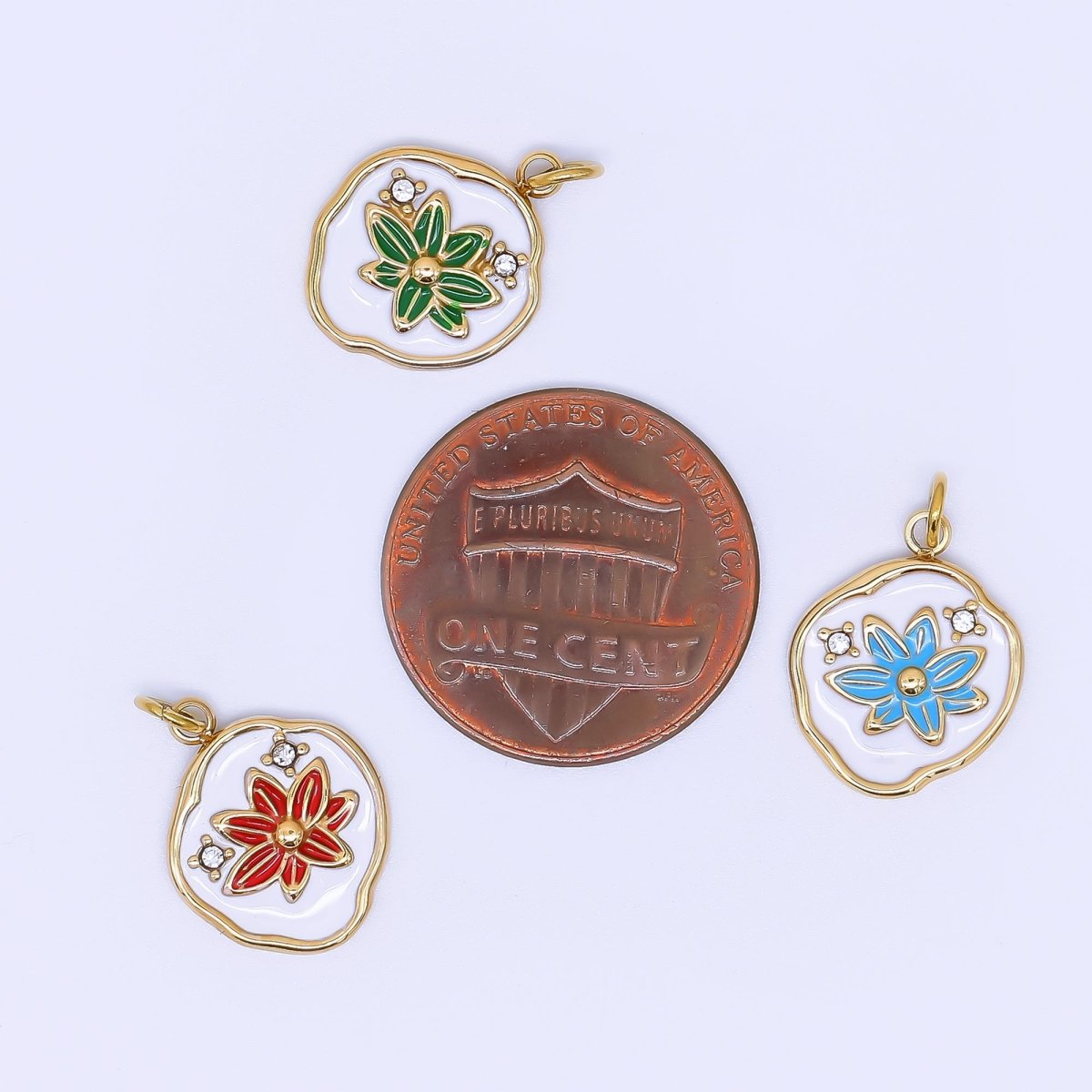 Stainless Steel 15mm Micro Paved CZ Enamel Blossom Delicate Bloom Flower Charm | J - 359 J - 365 J - 395 J - 462 - DLUXCA