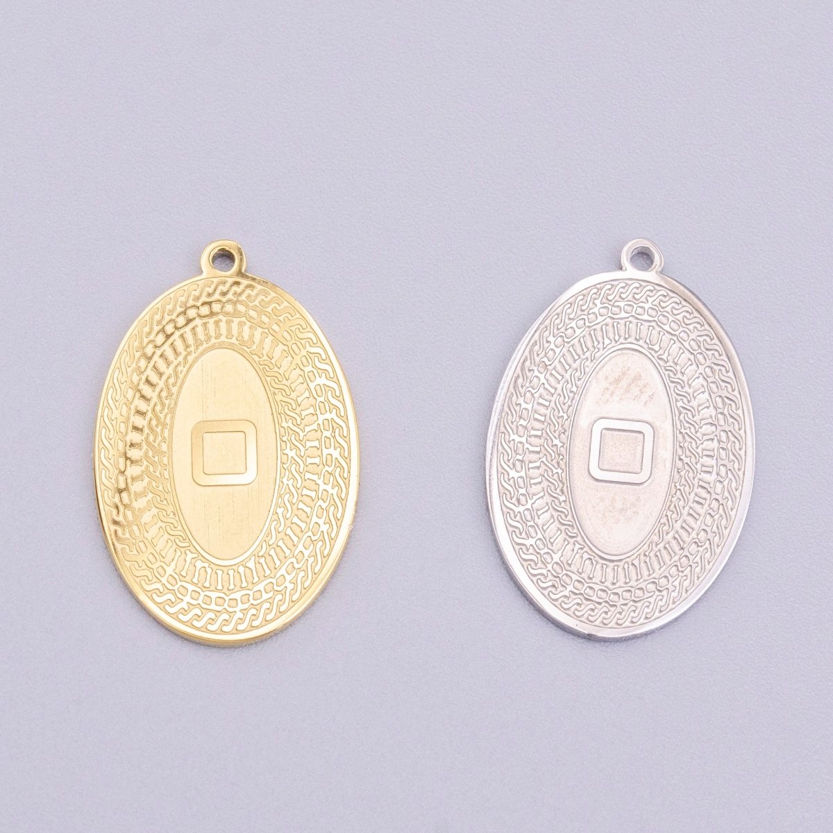 Stainless Steel 19.5mm Geometric Engraved Box Oval Charm in Gold & Silver | P - 919 - DLUXCA