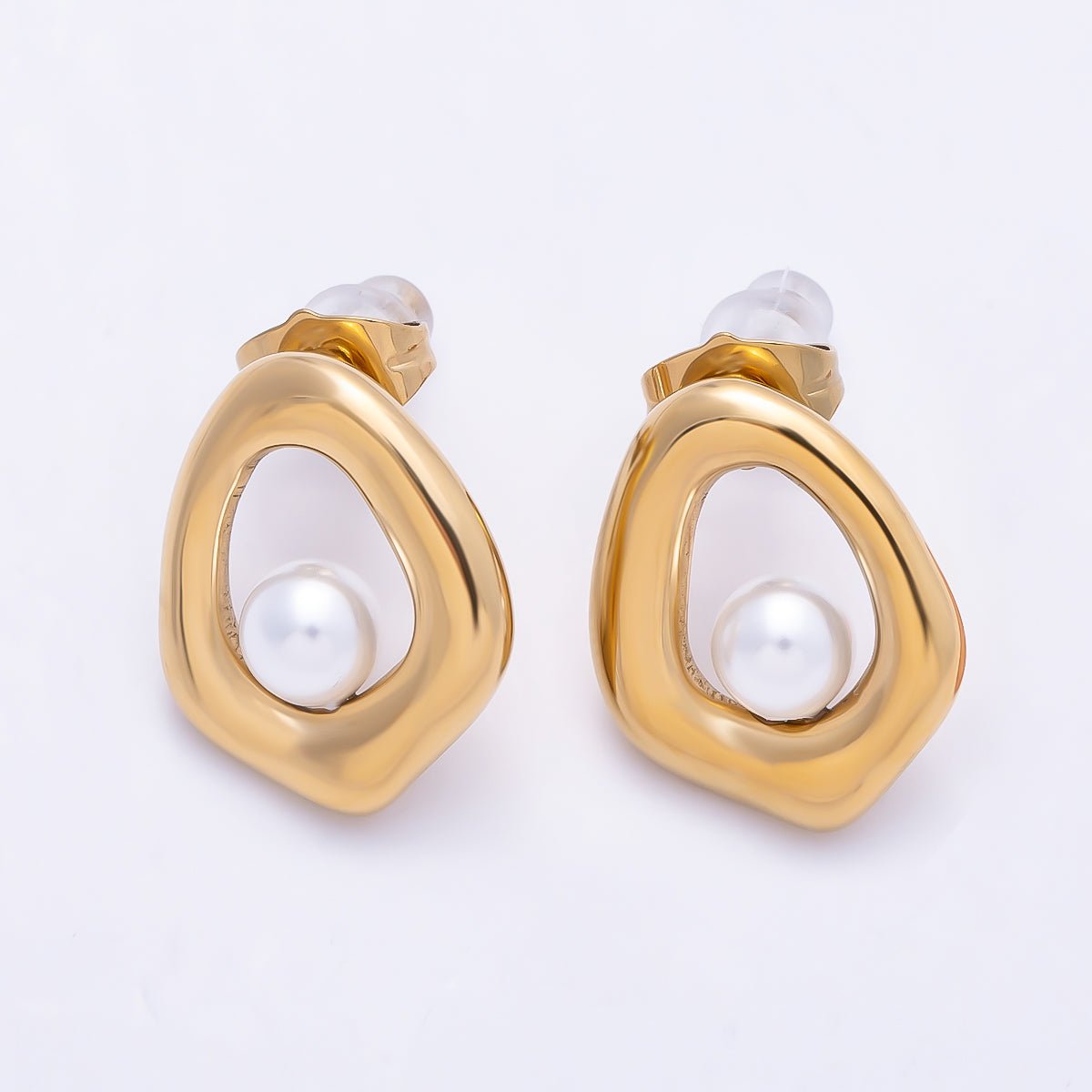 Stainless Steel 19mm Shell Pearl Open Molten Geometric Chevron Stud | Earrings-00737 - DLUXCA