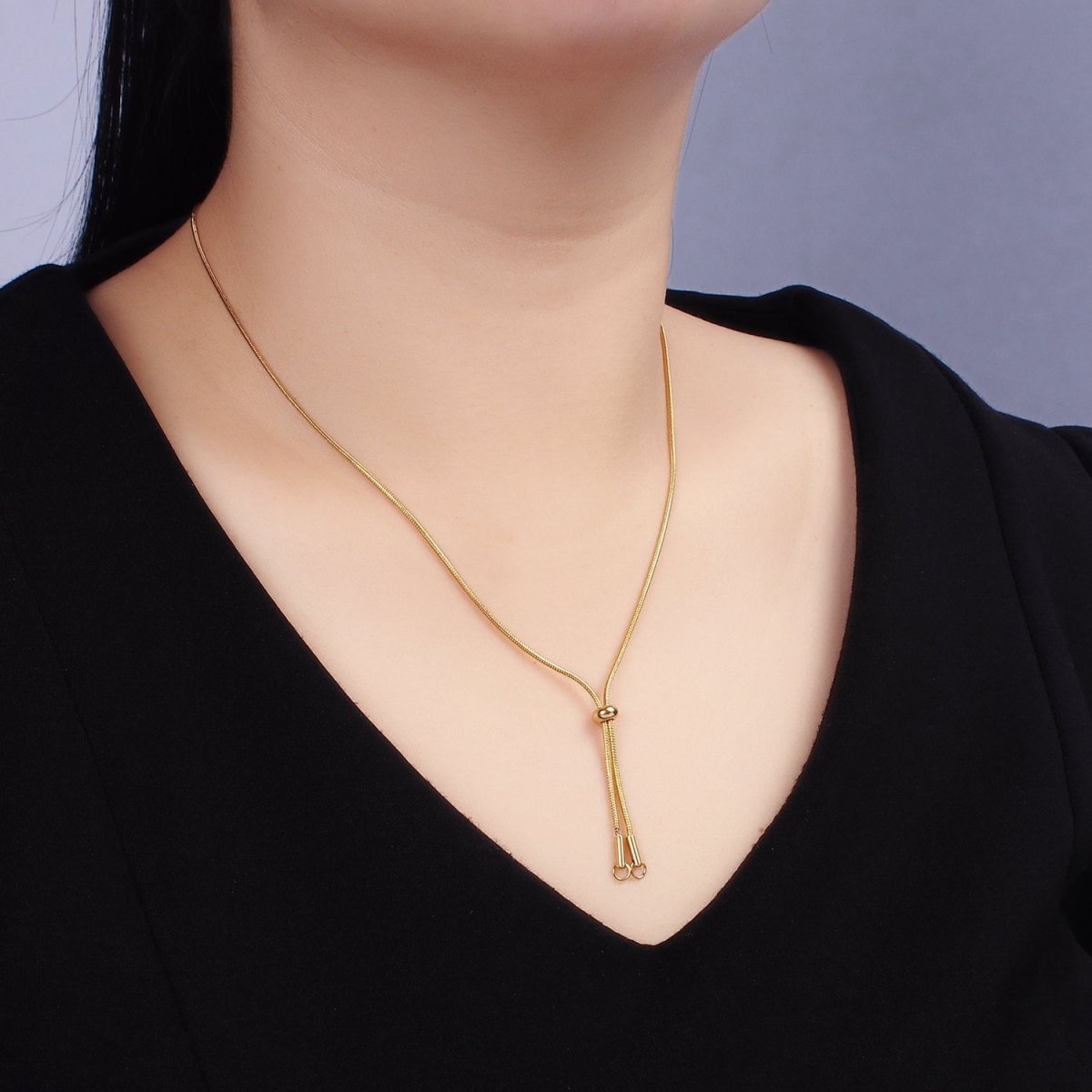 Stainless Steel 1mm Snake Chain Slider 20 Inch Y Necklace Gold & Silver | WA-2488 WA-2489 - DLUXCA